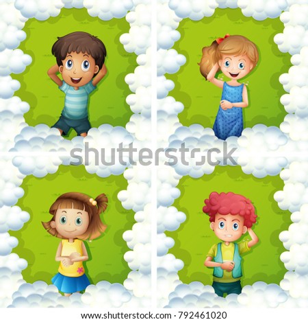 Four kids on green grass illustration