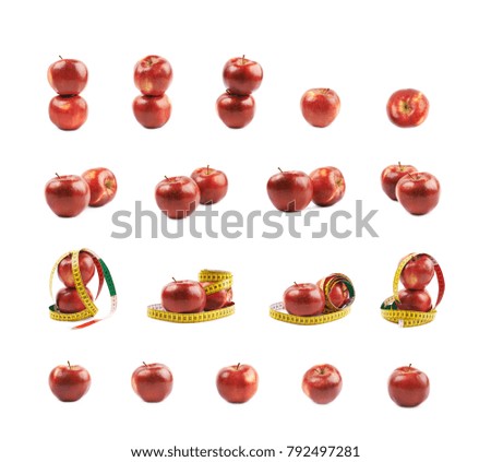 Set of multiple red apple and measuring tape compositions isolated over the white background