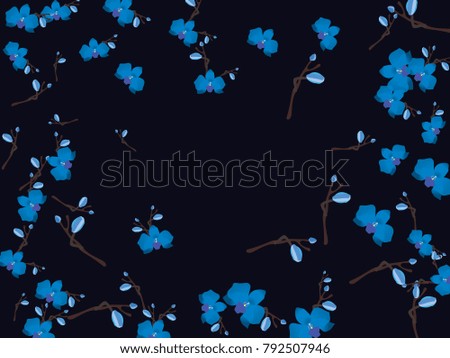 Abstract orchid pattern. Gentle flowers background. Vector illustration for invitation, card, celebration, party, carnival, festive holiday and Your project. Dark grey Background