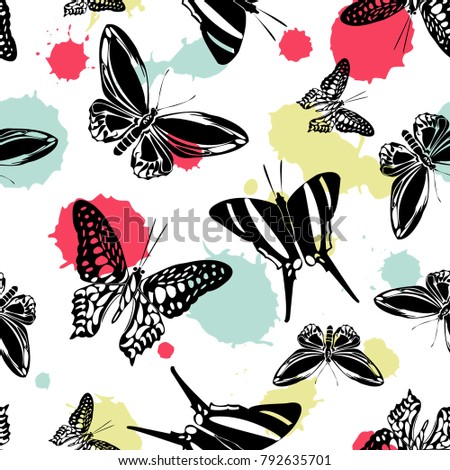 Colorful seamless butterfly kite template with pale green and red blotter on white. Spring butterfly hover theme vector. Repeating insect soar clipart for wrapping paper.
