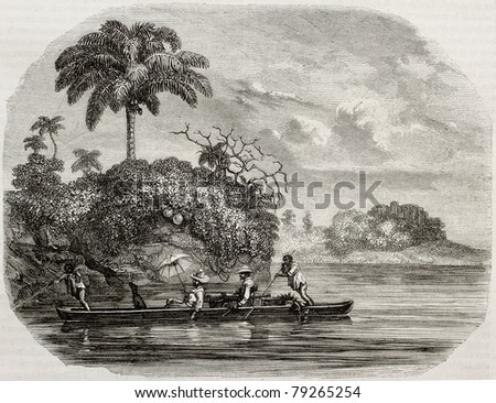 Old illustration of canoe along Usumacinta river, in Central America. Created by Delvaud and Piaut after drawing of Morellet, published on Magasin Pittoresque, Paris, 1850