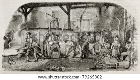 Old illustration of iron production: foundry in La Houilles, France. By unidentified author, published on Magasin Pittoresque, Paris, 1850.