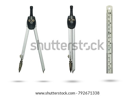 Compasses drawing and metal ruler isolated on a white background. There is a pencil lead inserted at the end of the compasses. It is a tool to learn about geometric patterns of architects in schools.