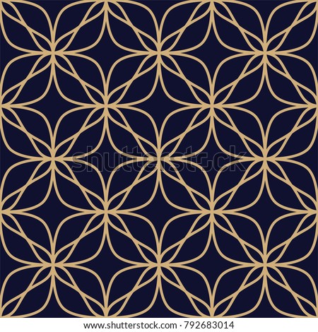 Seamless abstract floral pattern. Vector background. Gold and blue black ornament. Graphic modern pattern.