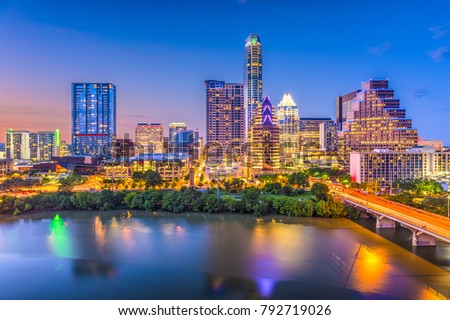 Austin, Texas, USA downtown skyline over the Colorado River. Royalty-Free Stock Photo #792719026