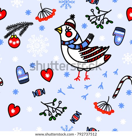 Winter seamless blue background with birds, vector