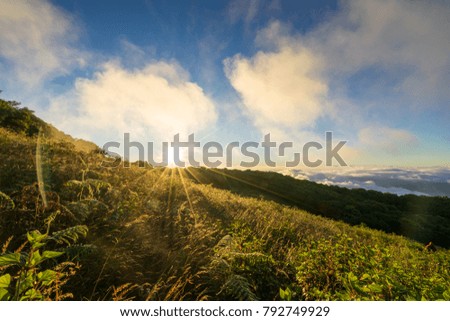 scenic of sunrise on kew mae pan hill in morning with cloud and fog on blue sky