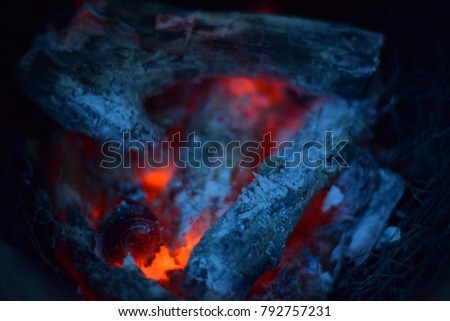 closeup of hot coal burning in extreme winters, blue and orange