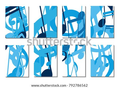 Musical Covers. Set of 8 Music Backgrounds with Notes, Bass and Treble Clefs. Cover Templates with Musical Signs for Cards,Posters, Brochures, Disks. Editable Backgrounds with Clipping Mask. Vector.