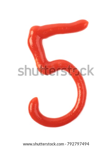 Single number five made of food sauce isolated over the white background