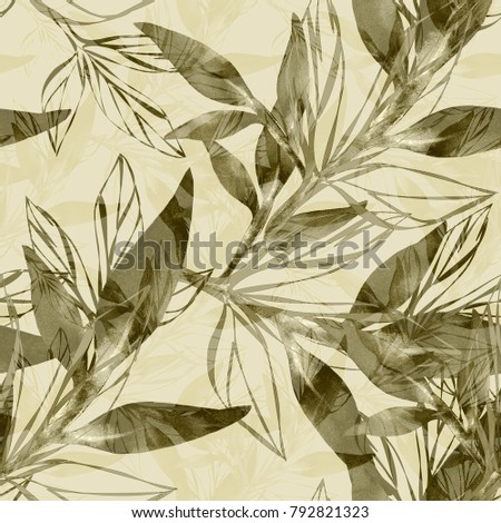 Peony branch in watercolor and count on a colored background.Seamless pattern.