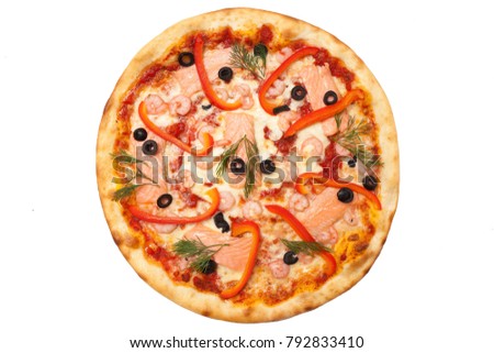 Pizza of the sea. Pizza with smoked salmon, shrimp meat, pepper, olives. Pizza on a white background. Fast food. Beautiful and cheesy pizza
 Royalty-Free Stock Photo #792833410
