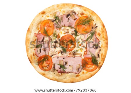 Pizza barbecue . Pizza with chicken breast, bacon, tomatoes, cucumbers. Pizza on a white background. Fast food. Beautiful and cheesy pizza

