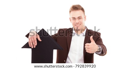 man holding white blank speech bubble with space for text