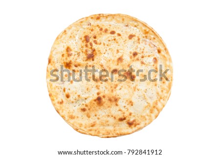 Closed pizza. Pizza with ham, salami, gherkins. Pizza on a white background. Fast food. Beautiful and cheesy Italian pizza.
 Royalty-Free Stock Photo #792841912