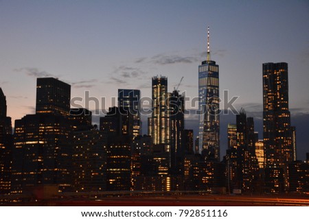Nightly view over the Manhattan skyline just after sunset, New York City