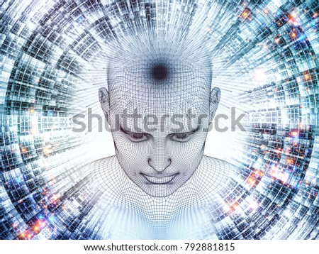 3D Rendering - Mind Field series. Backdrop composed of head of wire mesh human model and fractal patters and suitable for use in the projects on artificial intelligence, science and technology