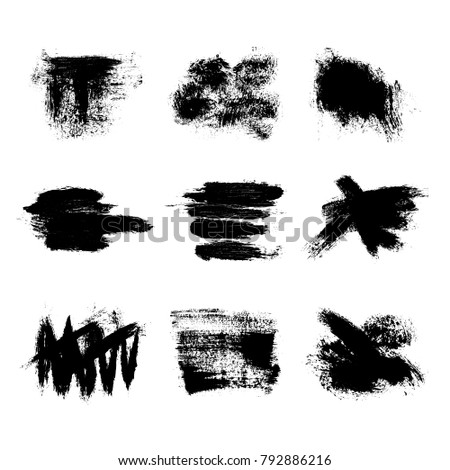 Vector grange paint spots. Sample for brush strokes, logo backgrounds. Set of black elements on white background. Hand painted. Ink drawing.