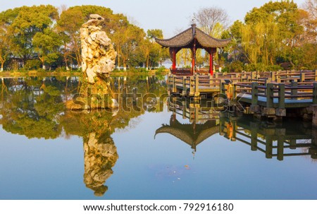  Hangzhou West Lake scenery. The picture is Lesser Yingzhou (Three Pools Mirroring the Moon) scenic area. 