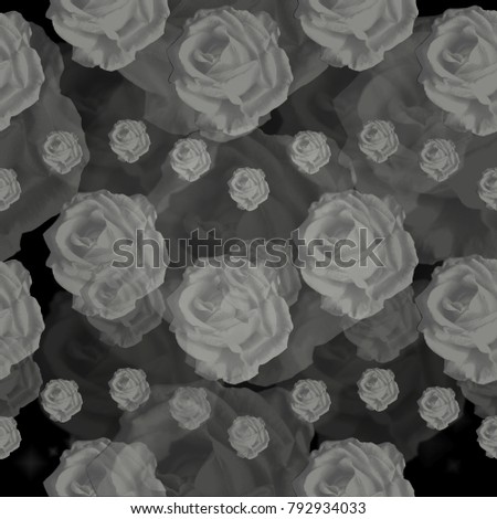 Isolated rose, faded image in varrying sizes in a seamless wave pattern on a black background, great for use as a background, fabric, wrapping paper, or wallpaper.