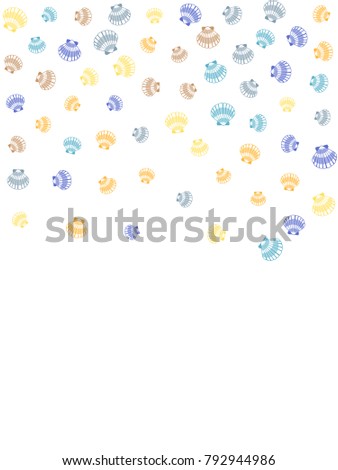 Seashell vector graphics, pearl bivalved mollusks illustration. Oceanic scallop, bivalve pearl shell, marine mollusk isolated wildlife background. Simple sea shell pattern in brown, blue.