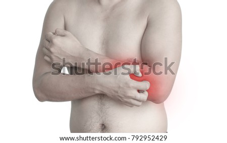 Man with pain in the hand isolated on white background