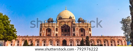 Panoramic views of the first garden-tomb on the Indian subcontinent. The Tomb is an excellent example of Persian architecture. Located in the Nizamuddin East area of Delhi, India. Royalty-Free Stock Photo #792976222