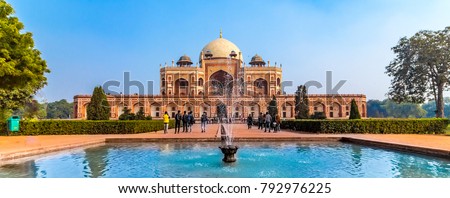 Panoramic views of the first garden-tomb on the Indian subcontinent. The Tomb is an excellent example of Persian architecture. Located in the Nizamuddin East area of Delhi, India. Royalty-Free Stock Photo #792976225