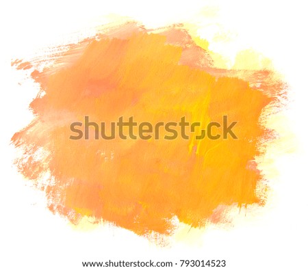 Abstract orange painting isolated on white background. Artistic brushstroke texture background. Hand painted gouache brushstroke stains.
