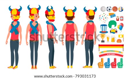 Team Supporter Man Vector. Young Man With Flags Snd Accessories Fans. Fan Rooter Buff. In Action. Isolated Flat Cartoon Character Illustration
