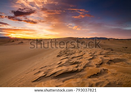 Deserts and Sand Dunes Landscape at Sunrise. Royalty-Free Stock Photo #793037821