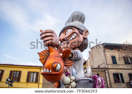 Allegorical wagons in Fano, carnival parade  in Italy Royalty-Free Stock Photo #793066393