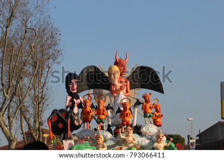 Allegorical wagons in Fano, carnival parade  in Italy Royalty-Free Stock Photo #793066411
