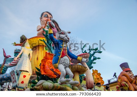 Allegorical wagons in Fano, carnival parade  in Italy Royalty-Free Stock Photo #793066420