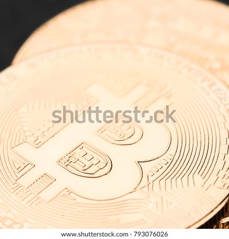 Bitcoins and Virtual money. Golden Bitcoins. Concept worldwide cryptocurrency