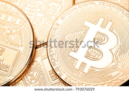 Bitcoins and Virtual money. Golden Bitcoins. Concept worldwide cryptocurrency