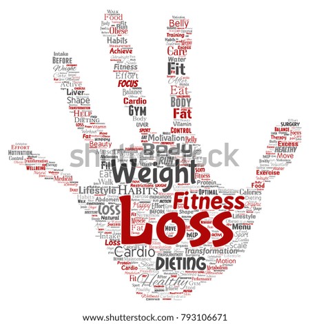 Vector conceptual weight loss healthy diet transformation hand print stamp word cloud isolated background. Collage of fitness motivation lifestyle, before and after workout slim body beauty concept