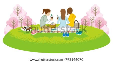 Three girls picnic in spring nature -Clip art