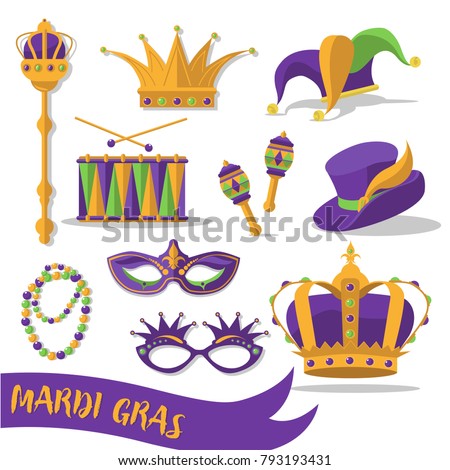 Mardi Gras carnival set icons, design element , flat style. 