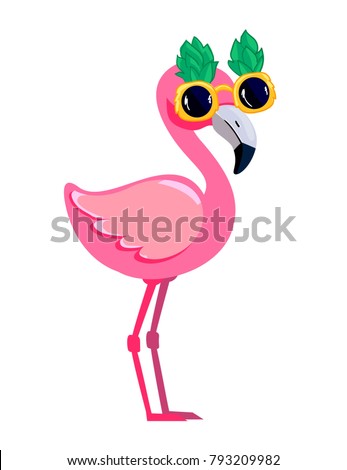 Cute flamingo with sunglasses, glasses pineapple, vector illustration, summer print design, children print on t-shirt,  Royalty-Free Stock Photo #793209982