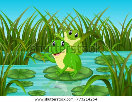vector illustration of River scene with happy frog on leaf