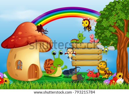 vector illustration of many insect and a mushroom house in forest