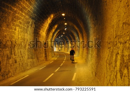 Old railway tunnel on Lake Annecy, now used for the bike path Royalty-Free Stock Photo #793225591