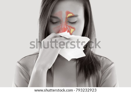 Asian Women In Satin Nightwear Feeling Unwell And Sinus Against White Background, Dust Allergies, Flu, People Caught Cold And Allergy Royalty-Free Stock Photo #793232923