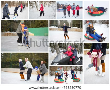 Collage with 16 people skating, skiing and snowtubs at winter outdoor