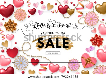Valentines day sale banner template for social media advertising, invitation or poster design with realistic heart shapes background. Vector illustration