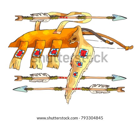 
Bow, arrow and quiver of American Indians. Painted by hand. 
Vector. Illustrator 10