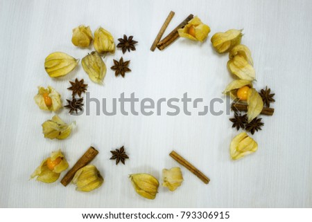 Set of star anise, cinnamon and physalis arranged on a light wooden table, scattered in a chaotic manner