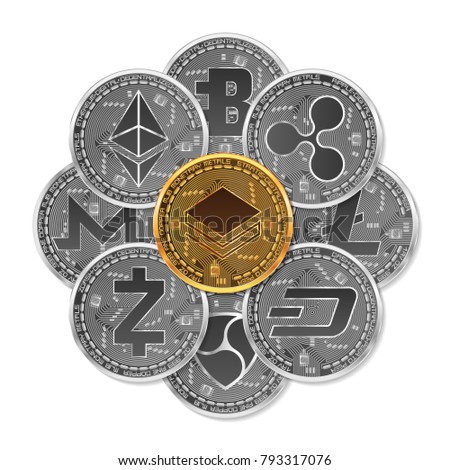 Set of gold and silver crypto currencies with golden stratis coin in front of other crypto currencies as leader isolated on white background. Vector illustration. Use for logos, print products