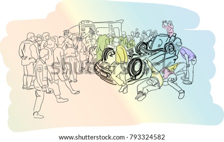 Vector art drawing of chaotic scene just after a car crash with several bystanders providing first aid and a television reporter with camera capturing the scene